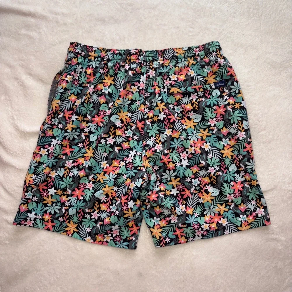 CHUBBIES Swim Trunks Mens L Black Floral Toucan The Bloomerangs 7